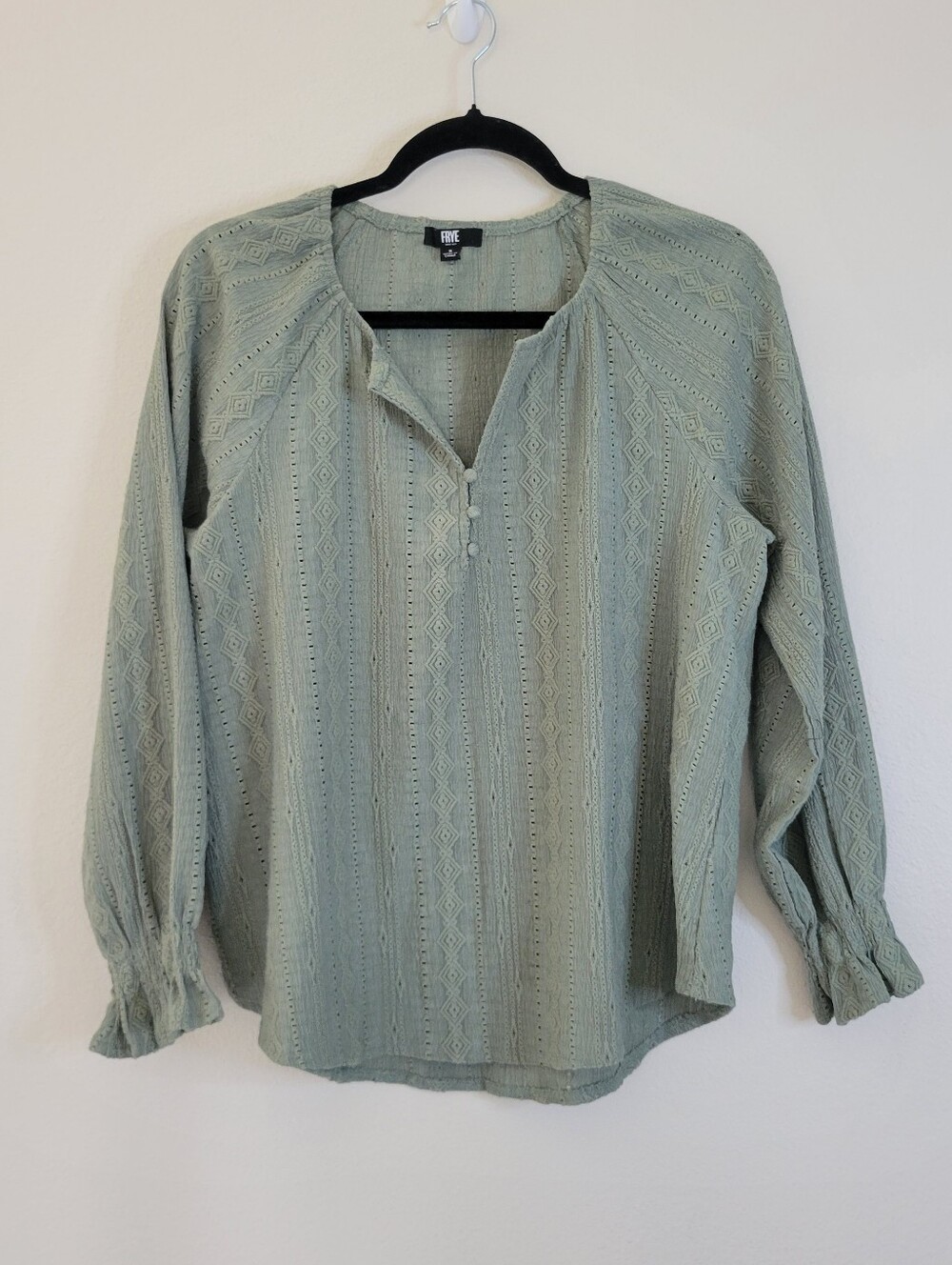 Frye Peasant Top Sage Green Eyelet Crinkle Flowy Gauze Boho Prairie Earthy Small